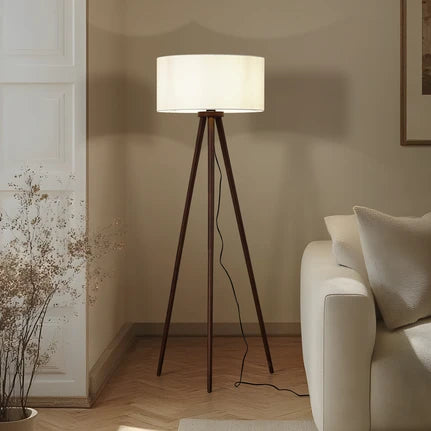 Scandinavian Wooden Tripod Floor Lamp with Fabric Shade